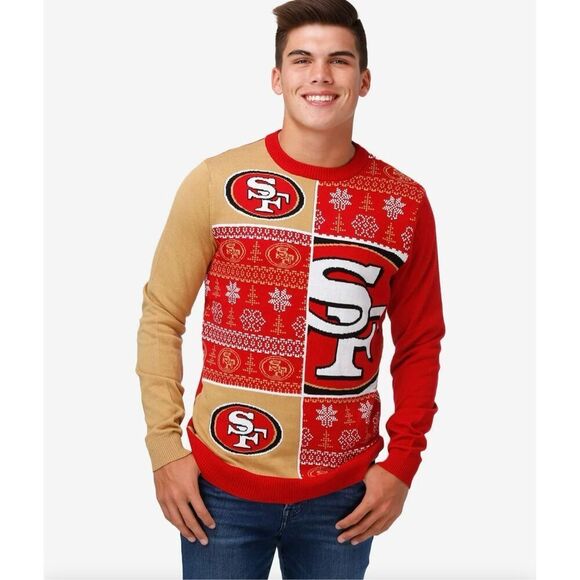 NFL San Francisco 49ers Men’s Large Busy Block Ugly Christmas Sweater Red & Gold - Picture 1 of 8